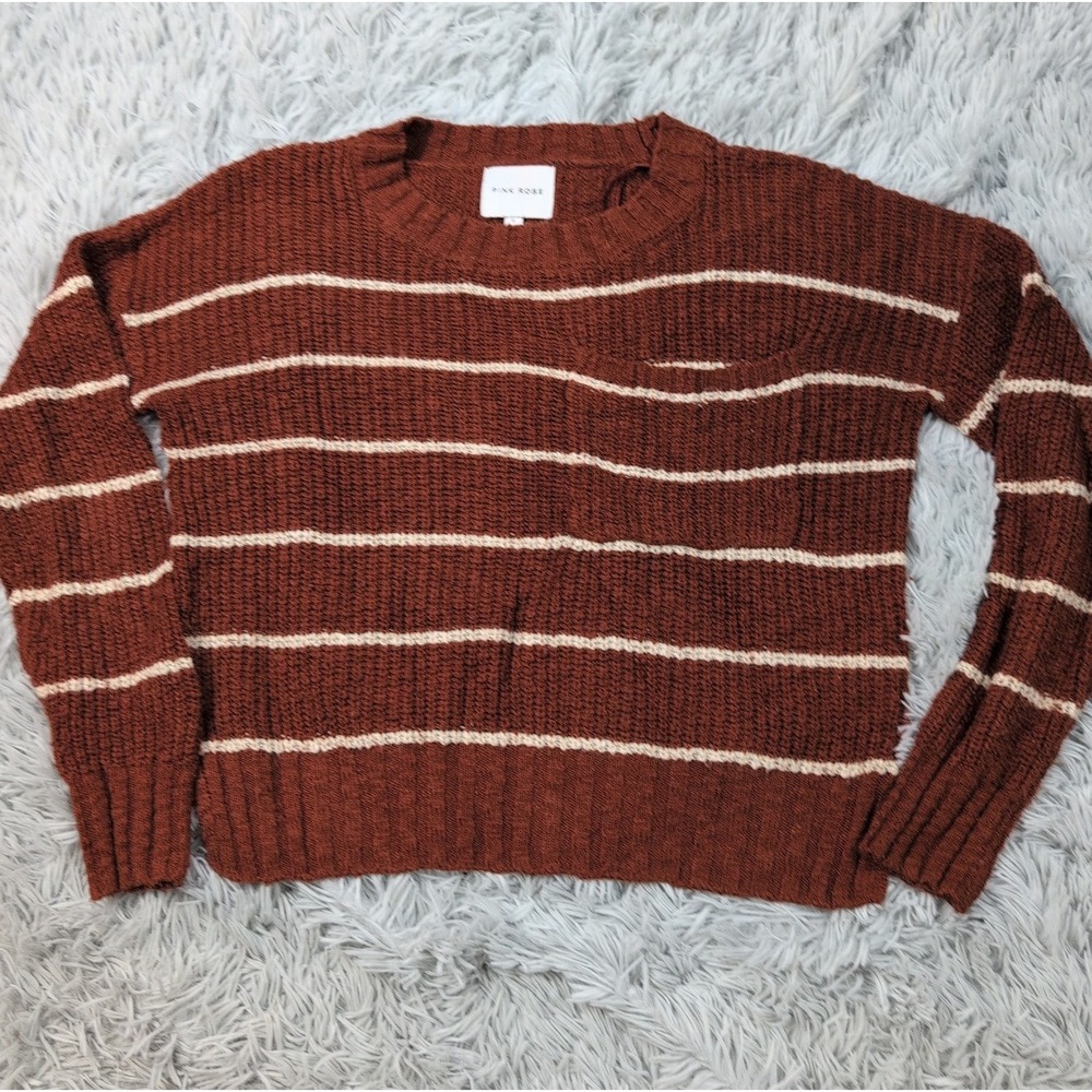 Pink Rose Sweater Womens S Brown Comfort Preppy Pocket Stripes Preppy